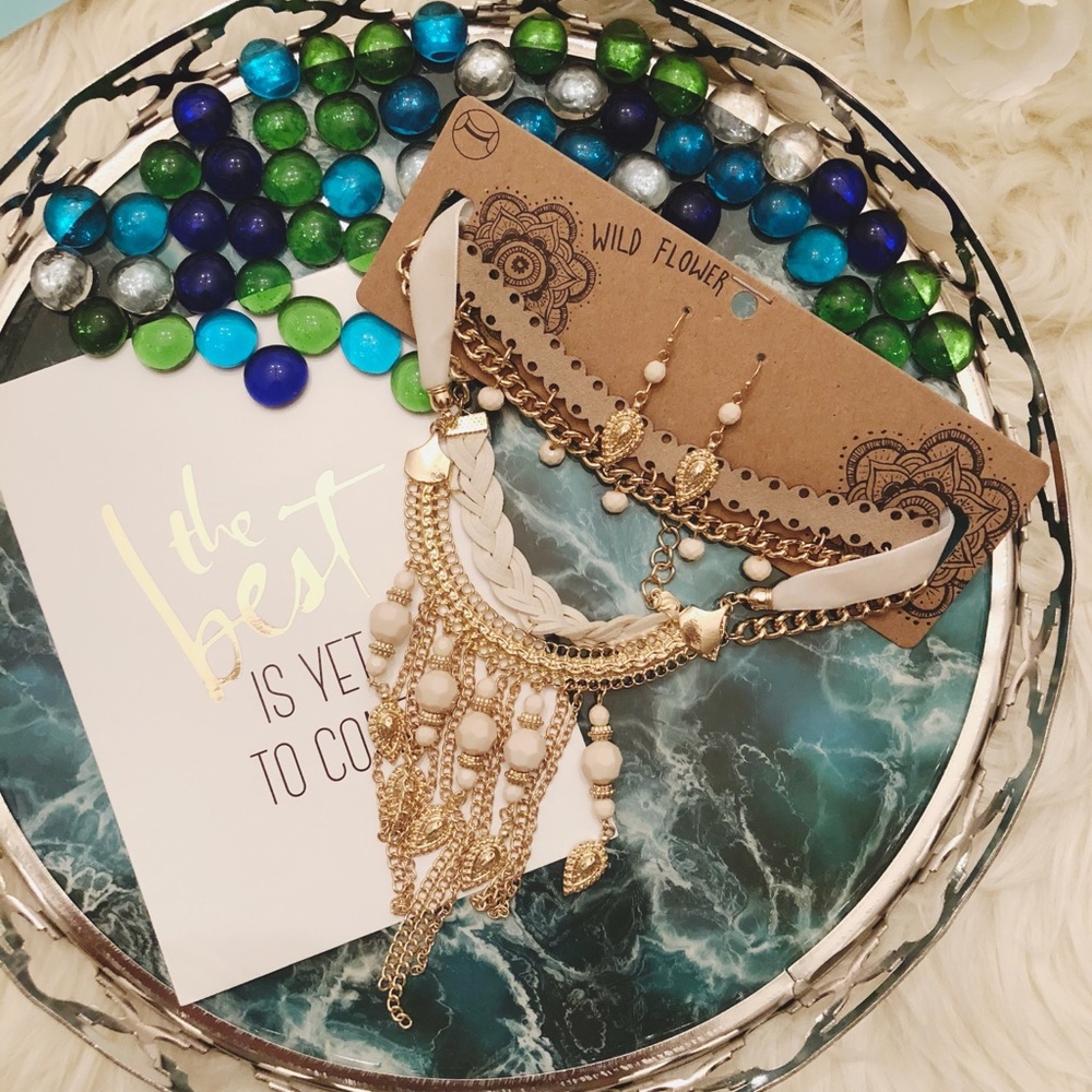 👑 GOLD MULTI LAYERED BOHO CHOKER CREAM NECKLACE - Picture 2 of 7